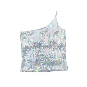 Y2K Vintage Express Sequin One Shoulder Crop Top Shirt White Party Disco Small